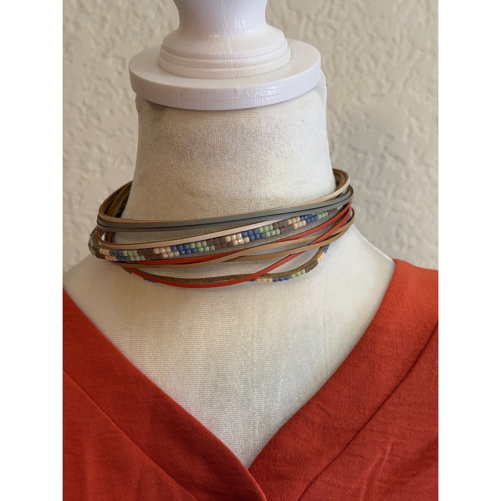 Multi-Strand‎ Leather Beaded Choker Necklace Womens Multicolor Boho
